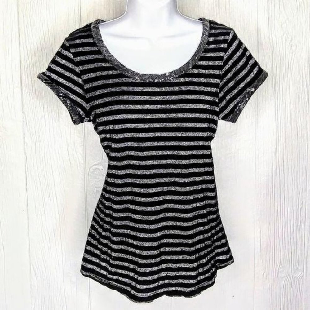 I JEANS by BUFFALO Black Metallic Stripes Scoop Neck Short Sleeve T-Shirt
